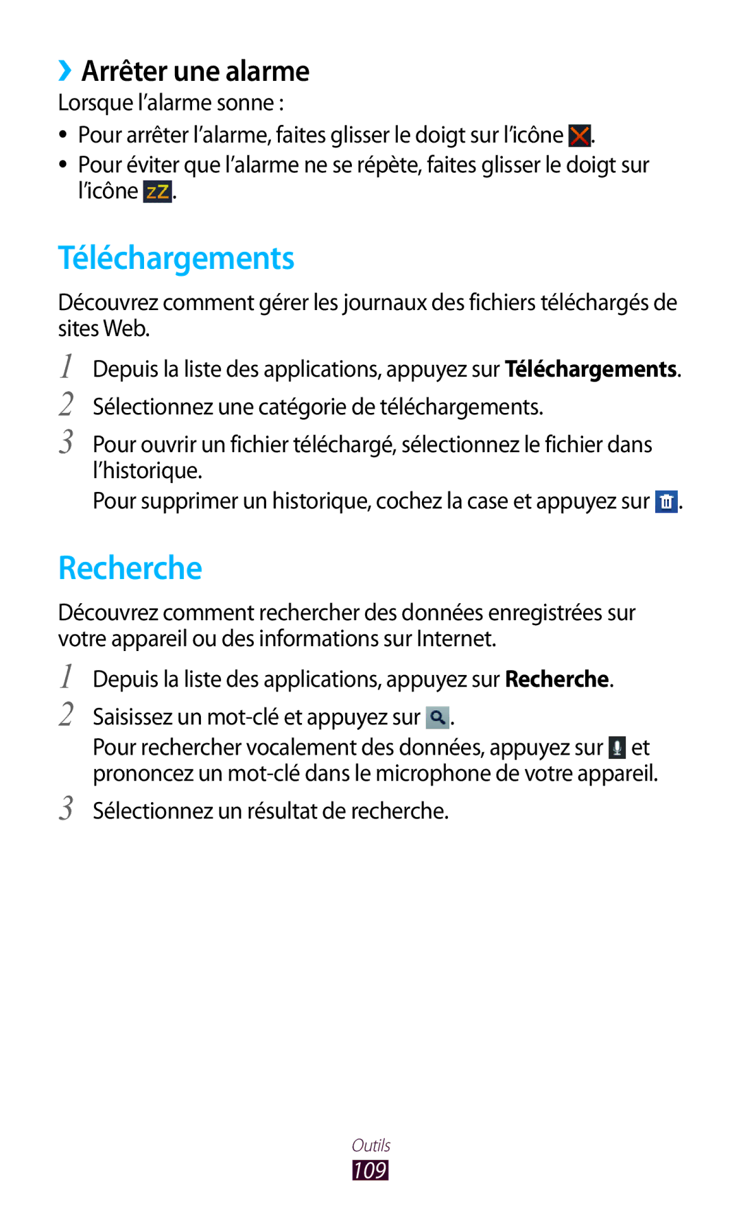 Samsung GT-S5301ZWAVVT manual Téléchargements, Recherche, ››Arrêter une alarme, Sélectionnez un résultat de recherche 