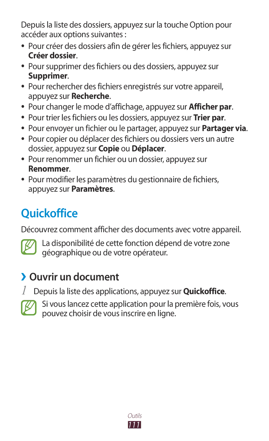 Samsung GT-S5301ZWAVVT, GT-S5301ZKAVVT manual Quickoffice, ››Ouvrir un document 