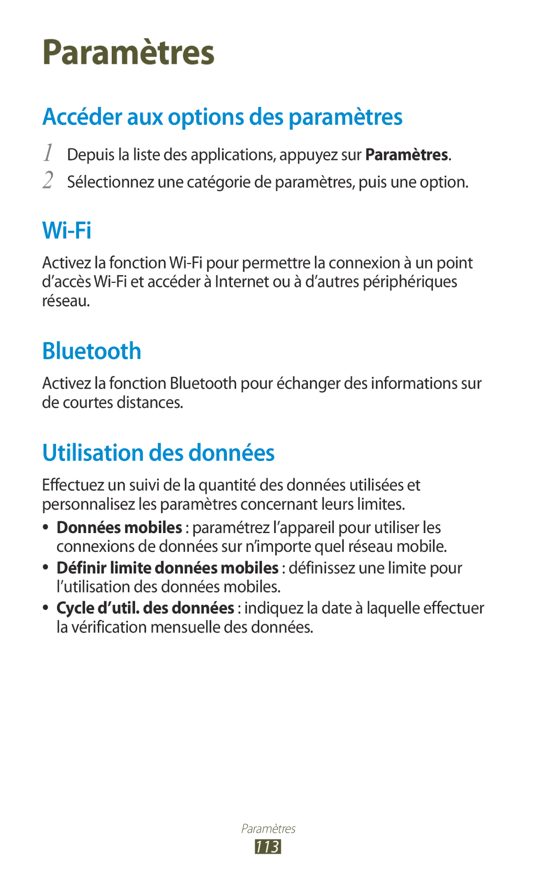 Samsung GT-S5301ZWAVVT, GT-S5301ZKAVVT manual Accéder aux options des paramètres, Utilisation des données 