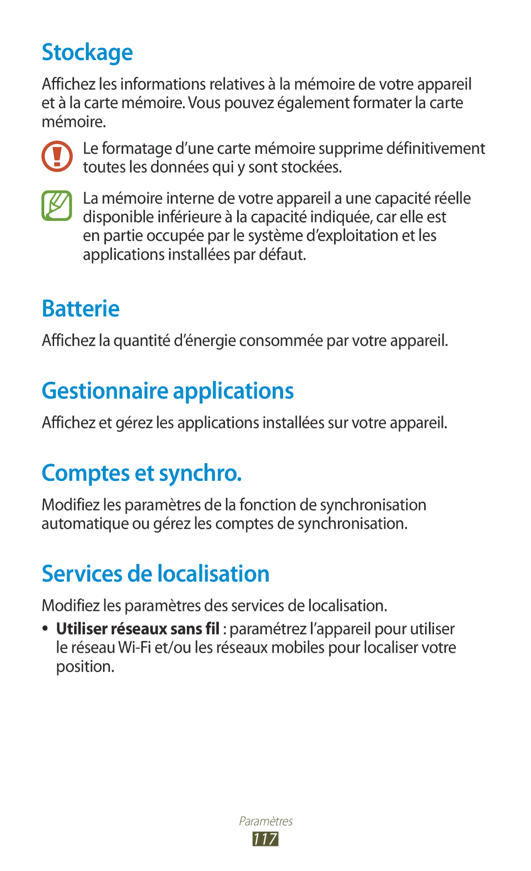 Samsung GT-S5301ZWAVVT manual Stockage, Batterie, Gestionnaire applications, Comptes et synchro, Services de localisation 