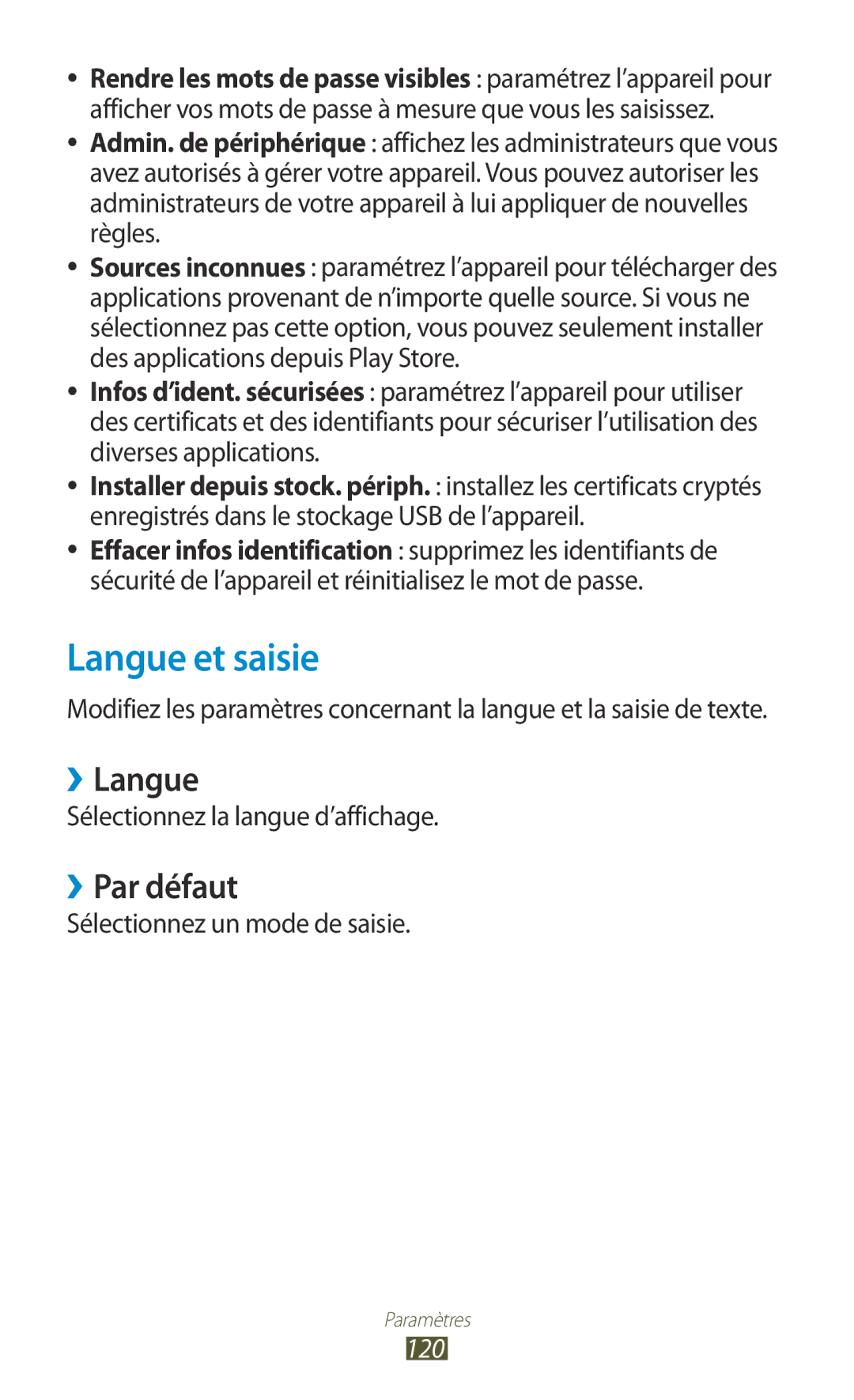 Samsung GT-S5301ZKAVVT, GT-S5301ZWAVVT manual Langue et saisie, ››Langue, ››Par défaut, Sélectionnez la langue d’affichage 