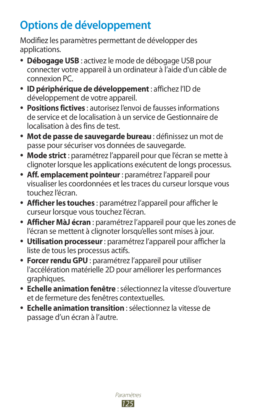 Samsung GT-S5301ZWAVVT, GT-S5301ZKAVVT manual Options de développement, Passage d’un écran à l’autre 