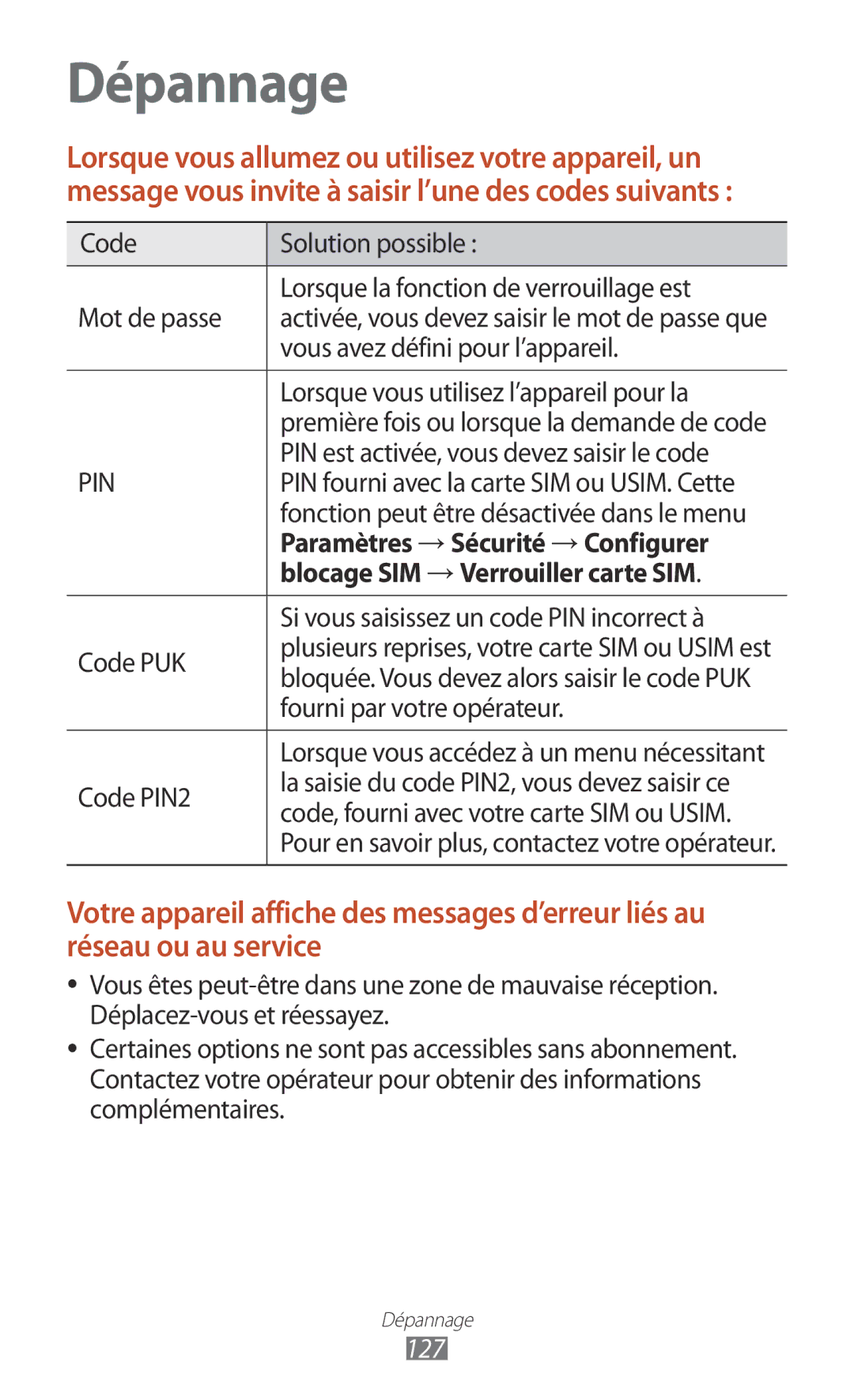 Samsung GT-S5301ZWAVVT, GT-S5301ZKAVVT manual Paramètres → Sécurité → Configurer, Blocage SIM → Verrouiller carte SIM 