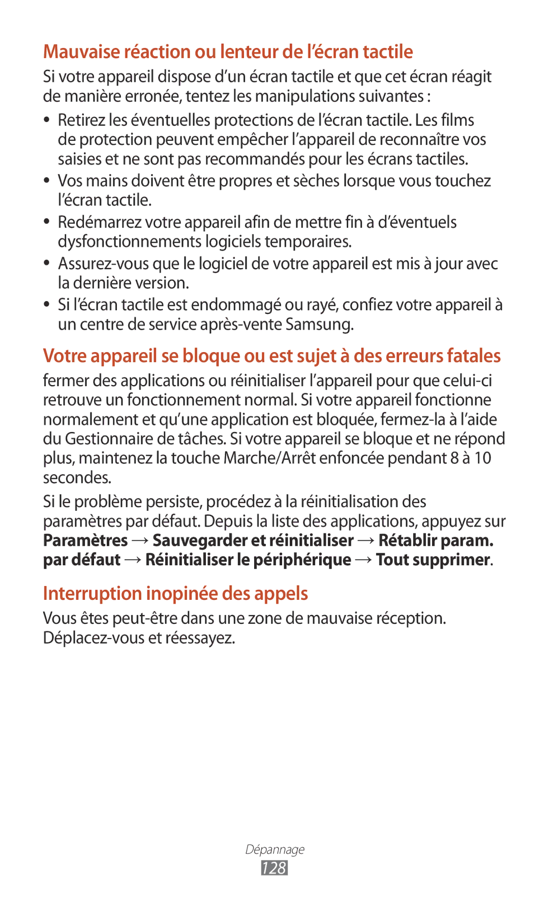 Samsung GT-S5301ZKAVVT, GT-S5301ZWAVVT manual Mauvaise réaction ou lenteur de l’écran tactile 