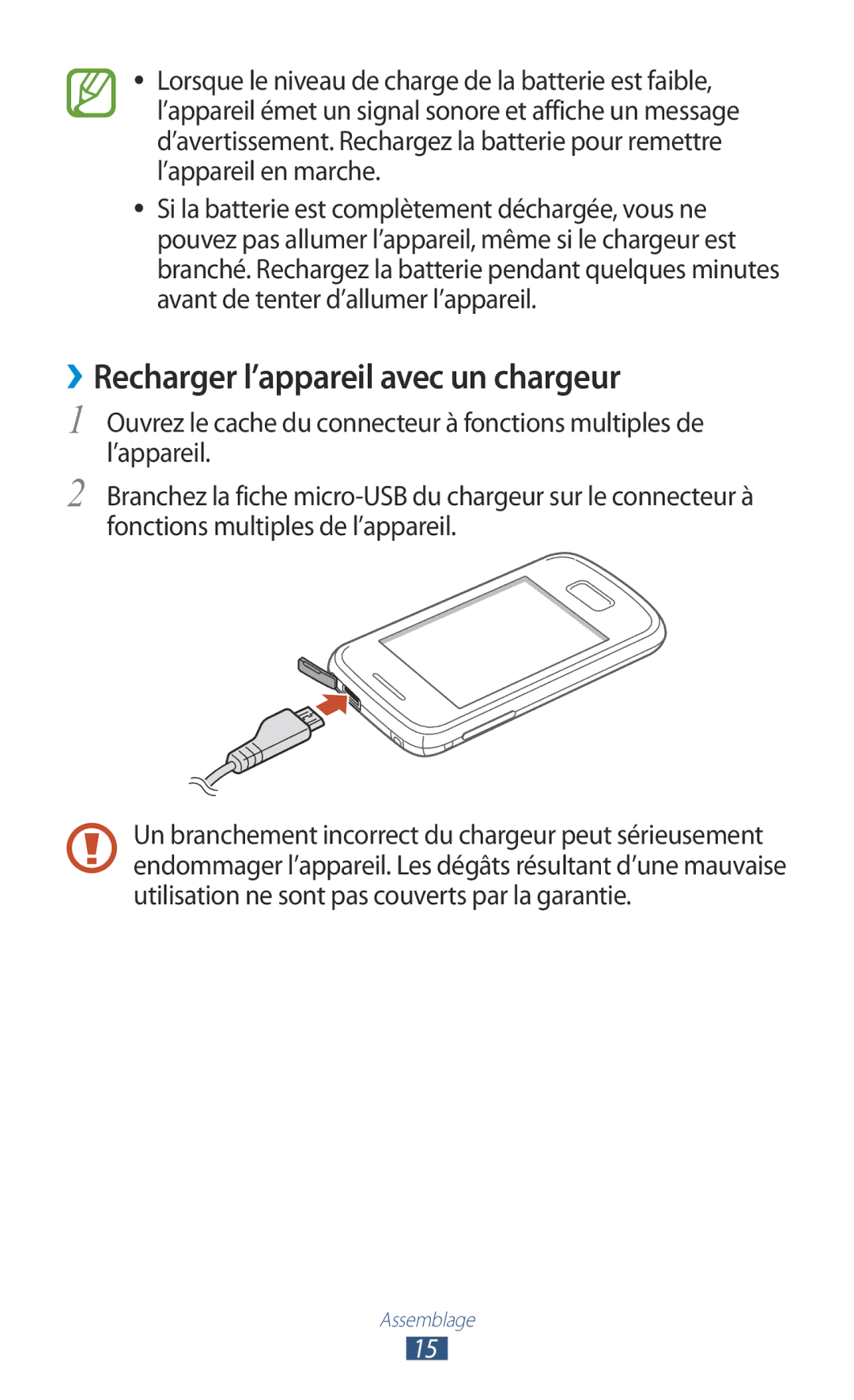 Samsung GT-S5301ZWAVVT, GT-S5301ZKAVVT manual ››Recharger l’appareil avec un chargeur 