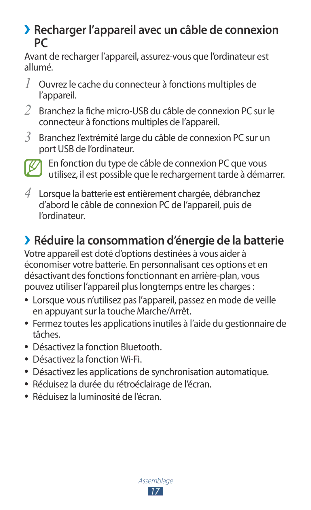 Samsung GT-S5301ZWAVVT manual ››Recharger l’appareil avec un câble de connexion, Réduisez la luminosité de l’écran 