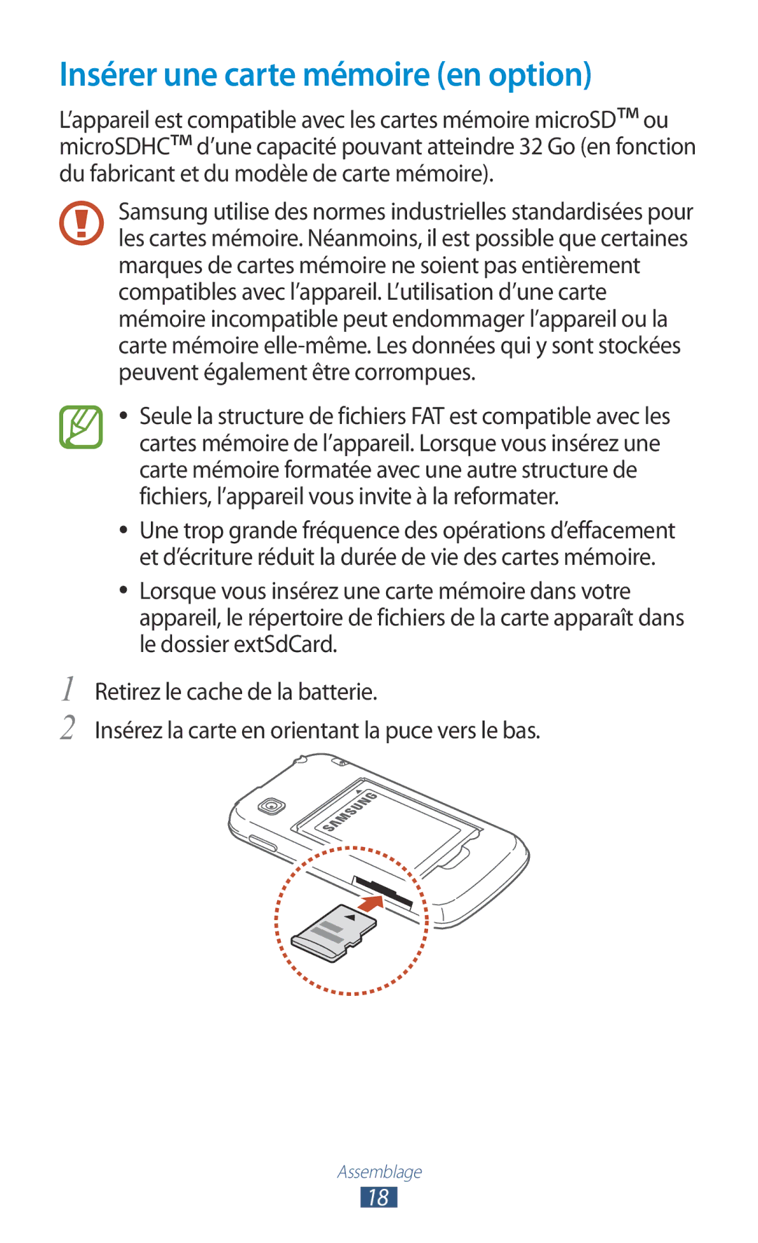 Samsung GT-S5301ZKAVVT, GT-S5301ZWAVVT manual Insérer une carte mémoire en option 