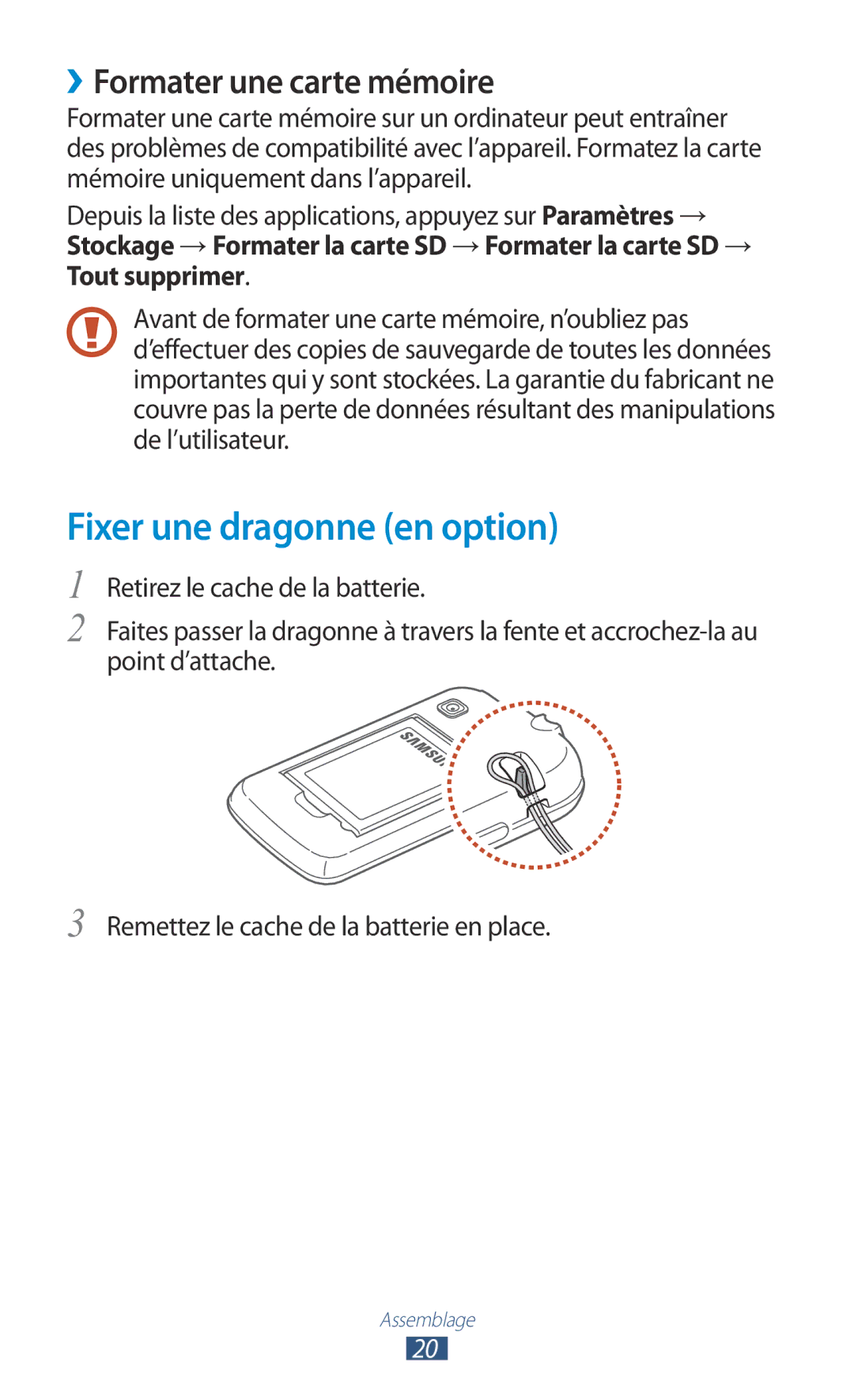 Samsung GT-S5301ZKAVVT, GT-S5301ZWAVVT manual Fixer une dragonne en option, ››Formater une carte mémoire 