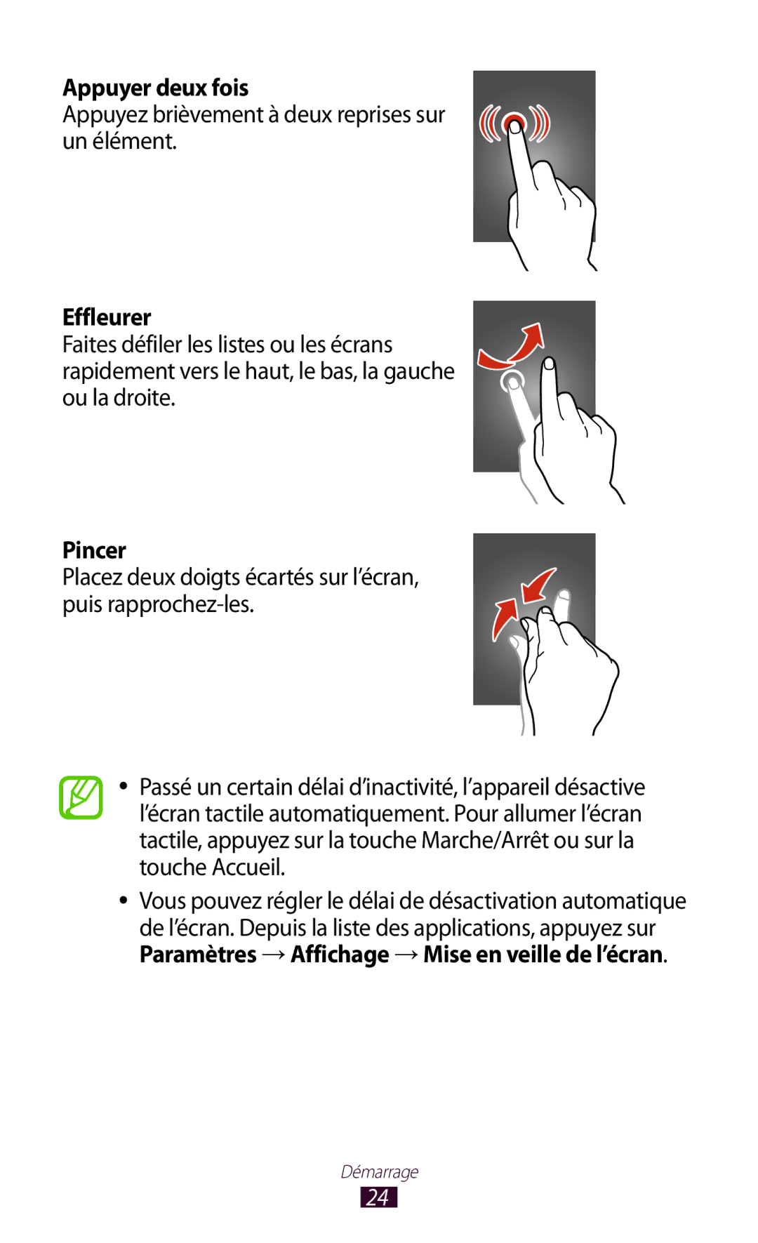 Samsung GT-S5301ZKAVVT manual Appuyer deux fois, Appuyez brièvement à deux reprises sur un élément, Effleurer, Pincer 