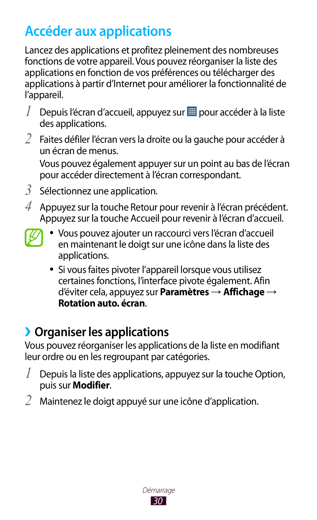 Samsung GT-S5301ZKAVVT manual Accéder aux applications, ››Organiser les applications, Sélectionnez une application 