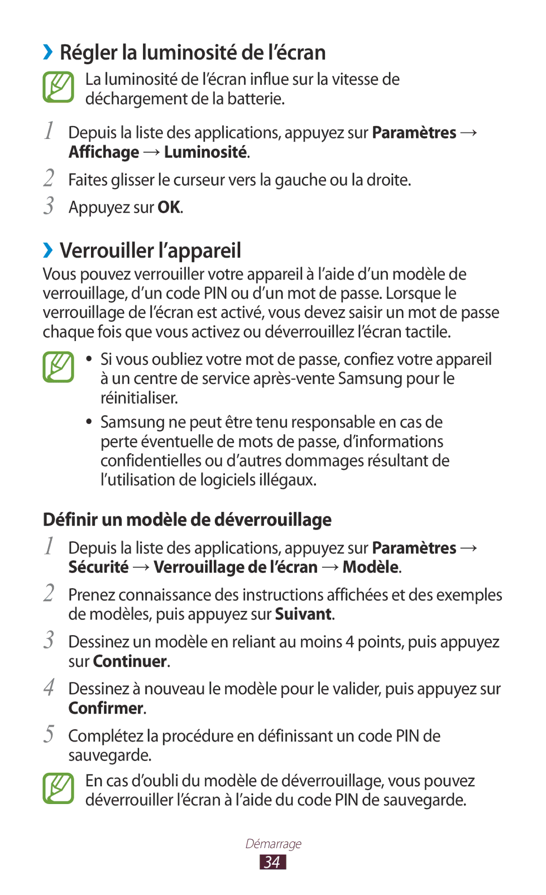 Samsung GT-S5301ZKAVVT, GT-S5301ZWAVVT manual ››Régler la luminosité de l’écran, ››Verrouiller l’appareil, Confirmer 