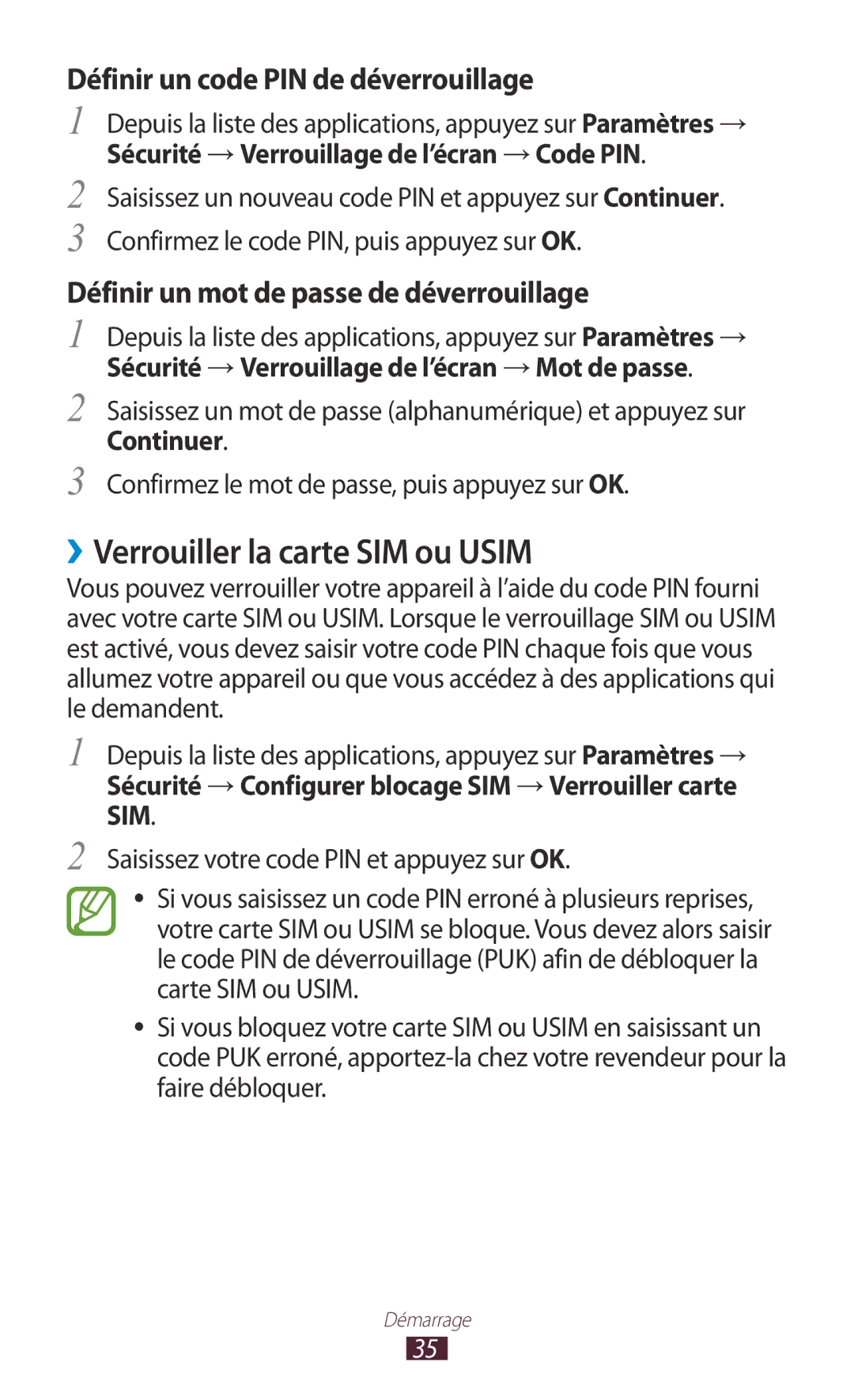 Samsung GT-S5301ZWAVVT, GT-S5301ZKAVVT manual ››Verrouiller la carte SIM ou Usim, Définir un code PIN de déverrouillage 