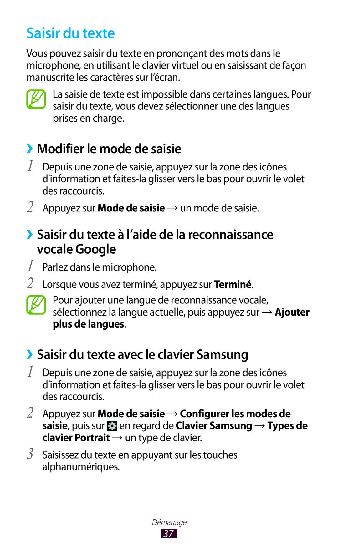 Samsung GT-S5301ZWAVVT, GT-S5301ZKAVVT manual ››Modifier le mode de saisie, ››Saisir du texte avec le clavier Samsung 