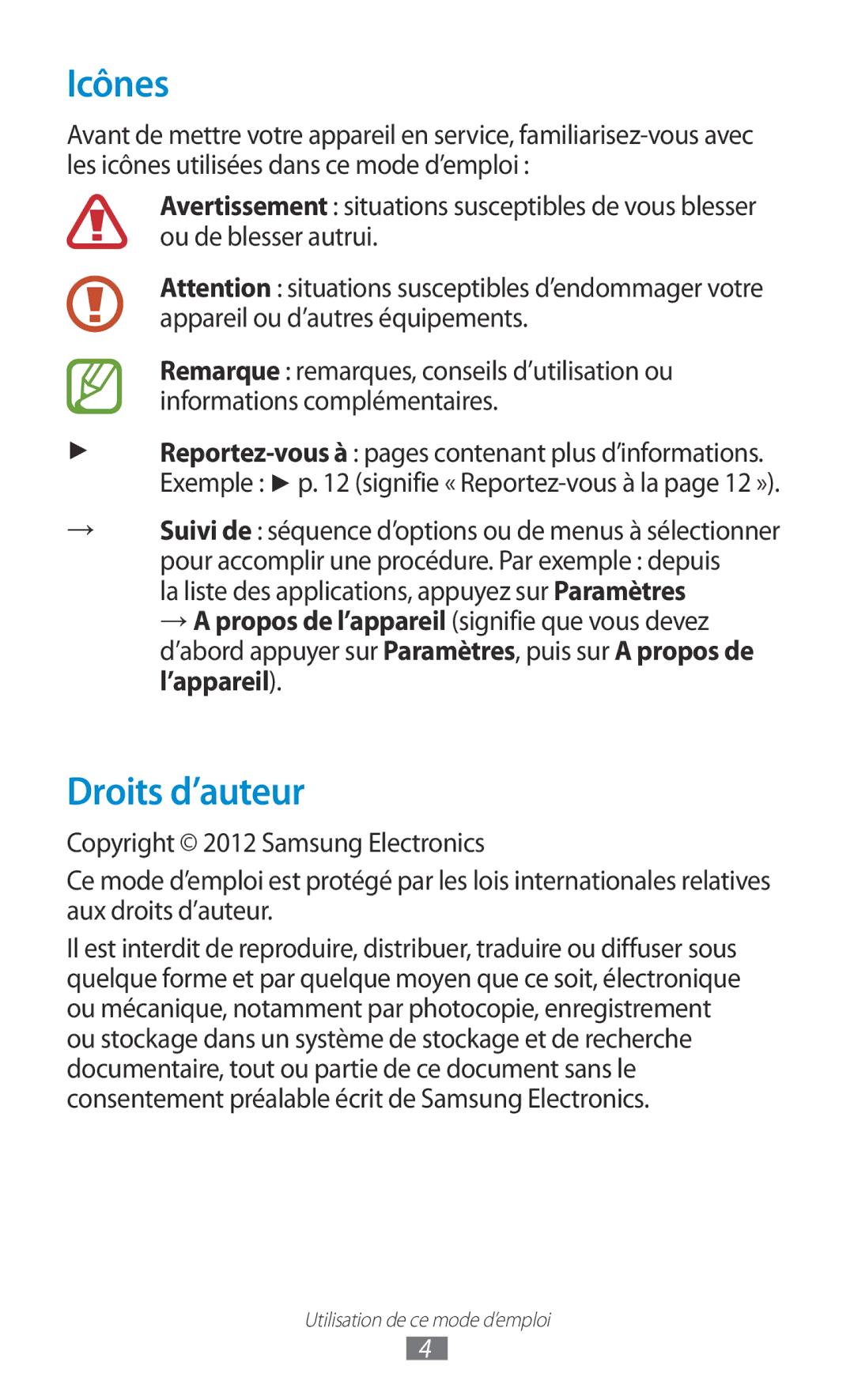 Samsung GT-S5301ZKAVVT, GT-S5301ZWAVVT manual Icônes, Droits d’auteur, Reportez-vous à pages contenant plus d’informations 