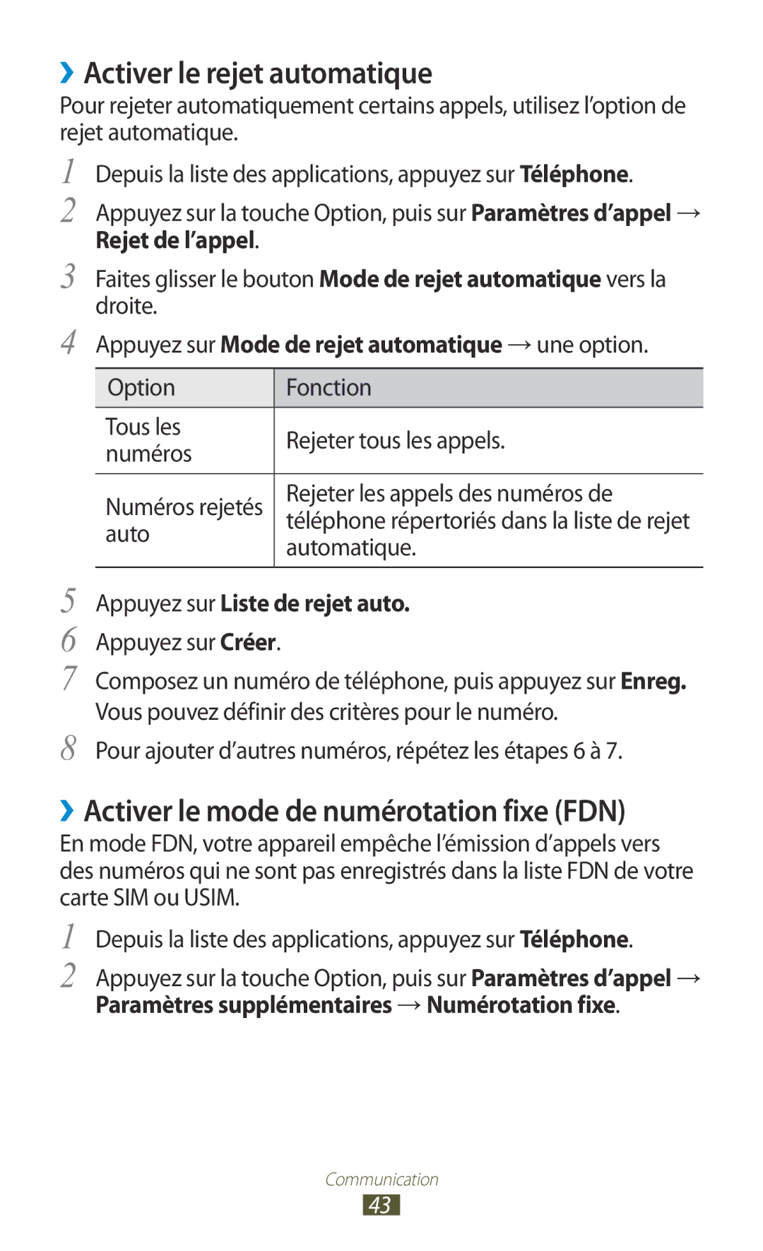 Samsung GT-S5301ZWAVVT manual ››Activer le rejet automatique, ››Activer le mode de numérotation fixe FDN, Rejet de l’appel 