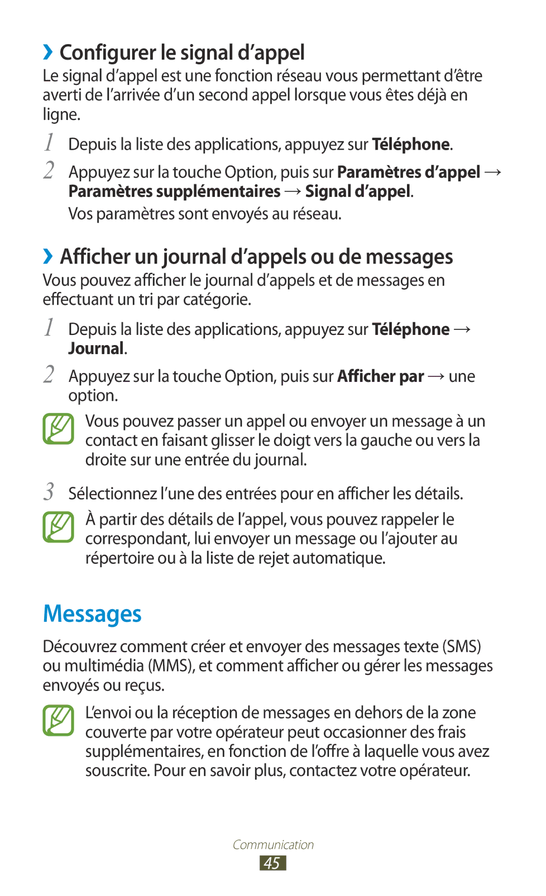 Samsung GT-S5301ZWAVVT Messages, ››Configurer le signal d’appel, ››Afficher un journal d’appels ou de messages, Journal 