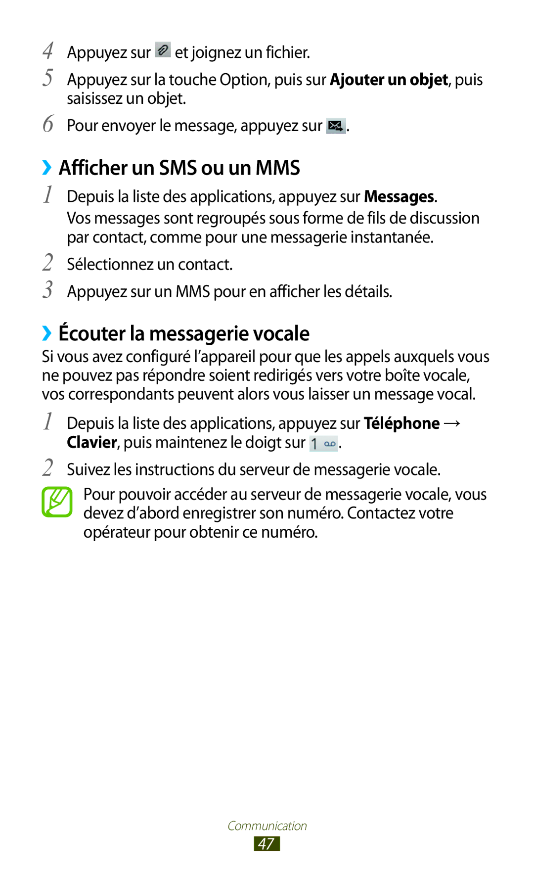 Samsung GT-S5301ZWAVVT, GT-S5301ZKAVVT manual ››Afficher un SMS ou un MMS, ››Écouter la messagerie vocale 