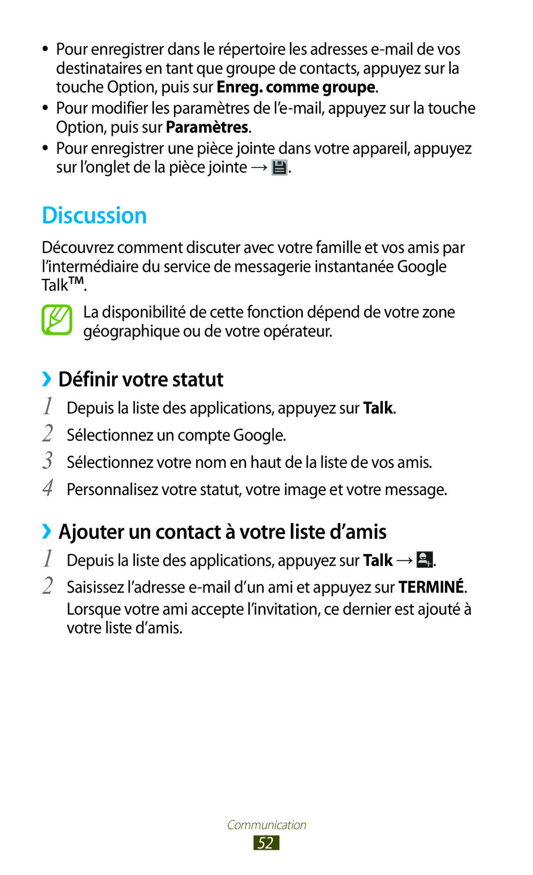 Samsung GT-S5301ZKAVVT, GT-S5301ZWAVVT manual Discussion, ››Définir votre statut, ››Ajouter un contact à votre liste d’amis 