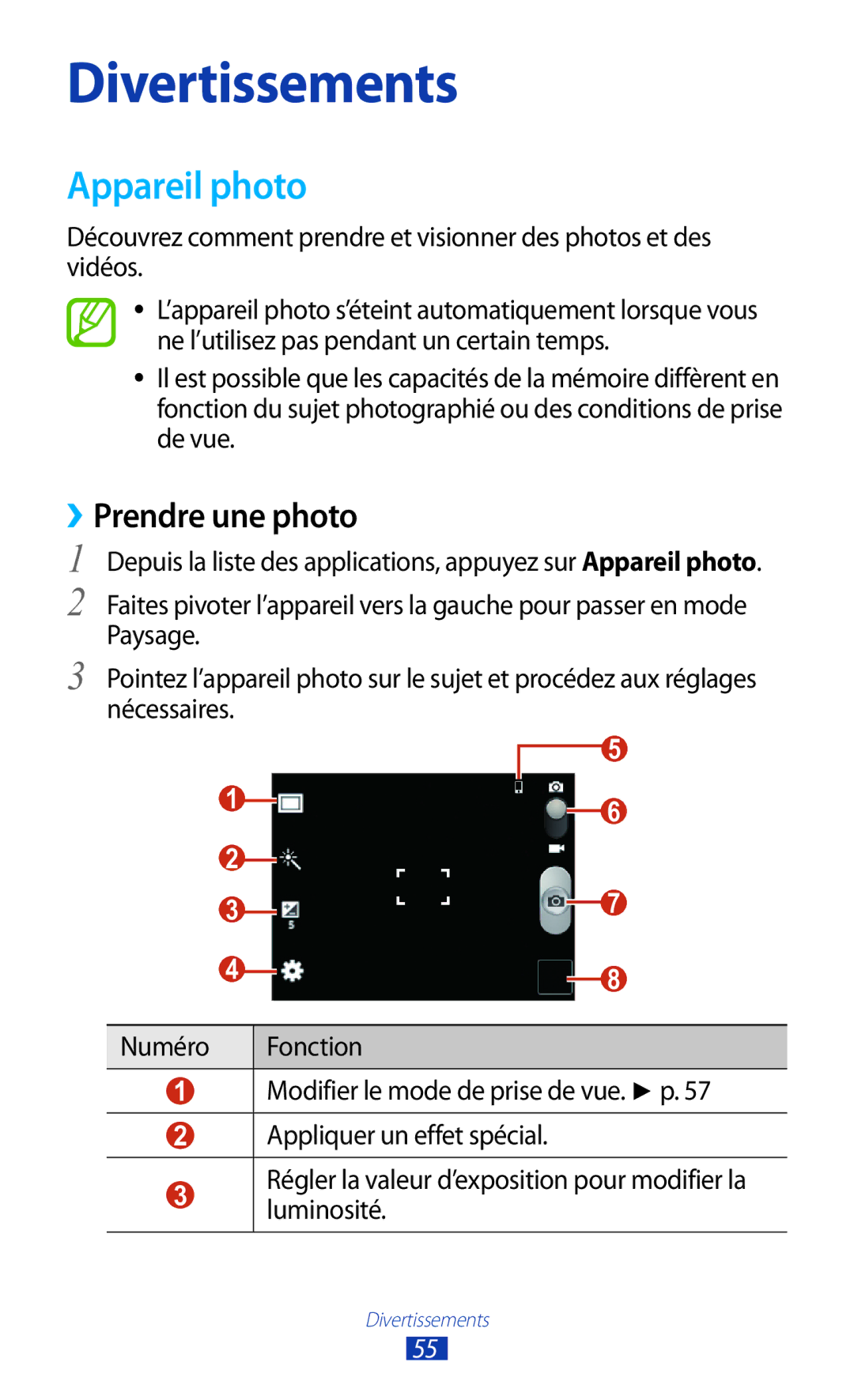 Samsung GT-S5301ZWAVVT, GT-S5301ZKAVVT manual Appareil photo, ››Prendre une photo 