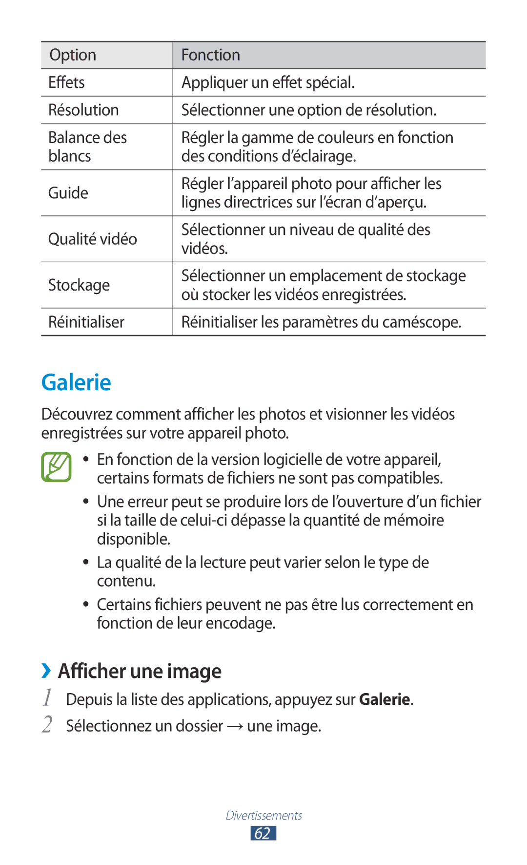 Samsung GT-S5301ZKAVVT, GT-S5301ZWAVVT Galerie, ››Afficher une image, Où stocker les vidéos enregistrées, Réinitialiser 