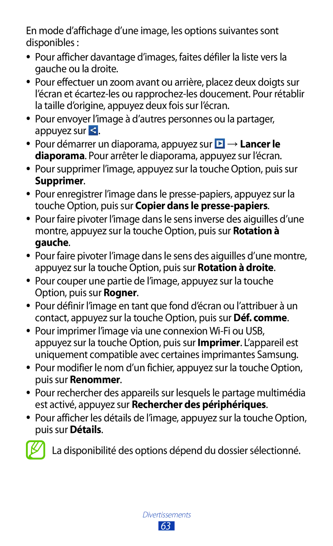 Samsung GT-S5301ZWAVVT, GT-S5301ZKAVVT manual La disponibilité des options dépend du dossier sélectionné 