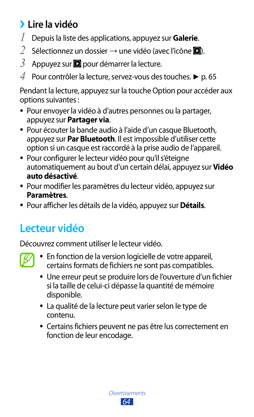 Samsung GT-S5301ZKAVVT, GT-S5301ZWAVVT manual Lecteur vidéo, ››Lire la vidéo, Découvrez comment utiliser le lecteur vidéo 