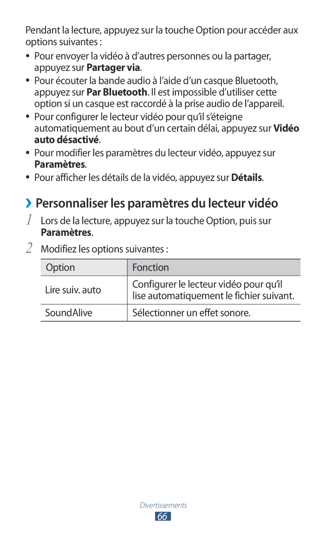 Samsung GT-S5301ZKAVVT manual ››Personnaliser les paramètres du lecteur vidéo, SoundAlive Sélectionner un effet sonore 