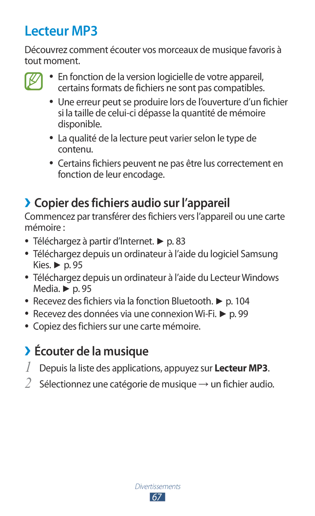 Samsung GT-S5301ZWAVVT, GT-S5301ZKAVVT Lecteur MP3, ››Copier des fichiers audio sur l’appareil, ››Écouter de la musique 