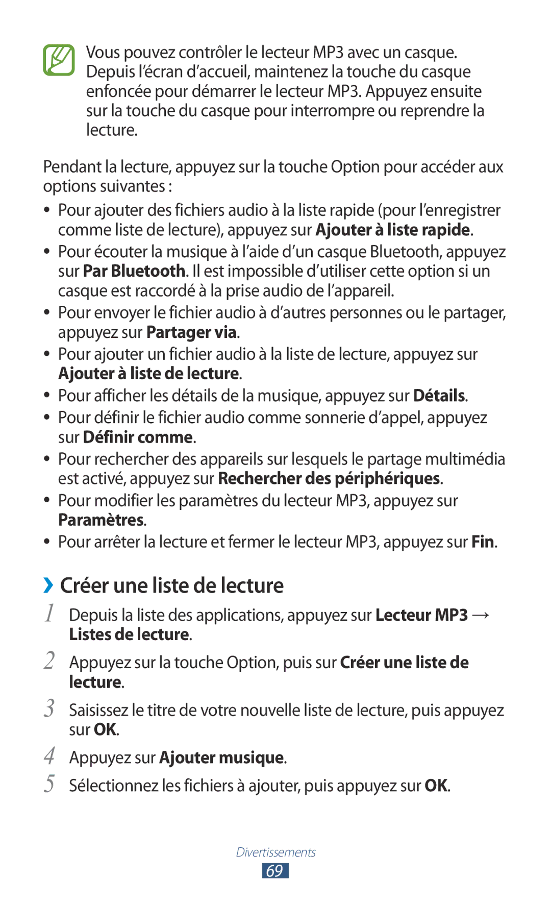 Samsung GT-S5301ZWAVVT, GT-S5301ZKAVVT manual ››Créer une liste de lecture, Lecture, Appuyez sur Ajouter musique 