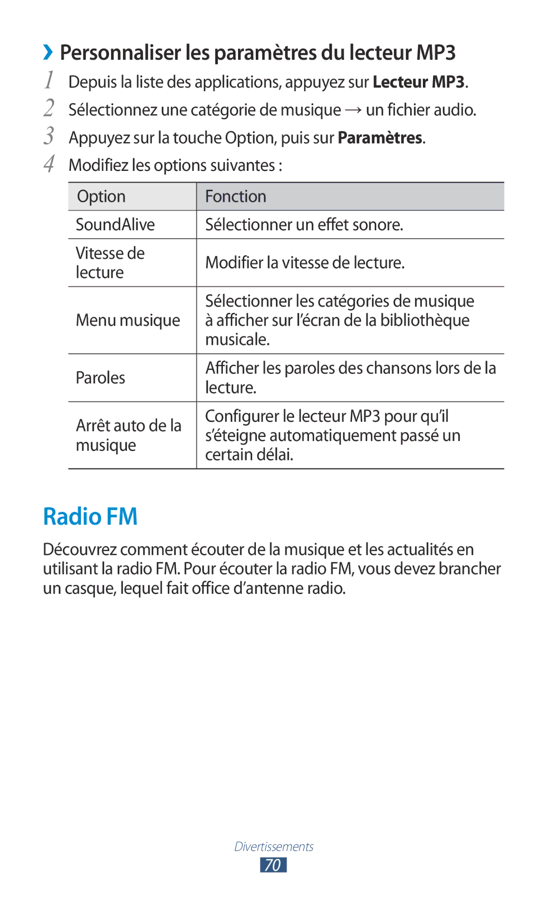 Samsung GT-S5301ZKAVVT, GT-S5301ZWAVVT manual Radio FM, Menu musique, Musicale, Paroles 