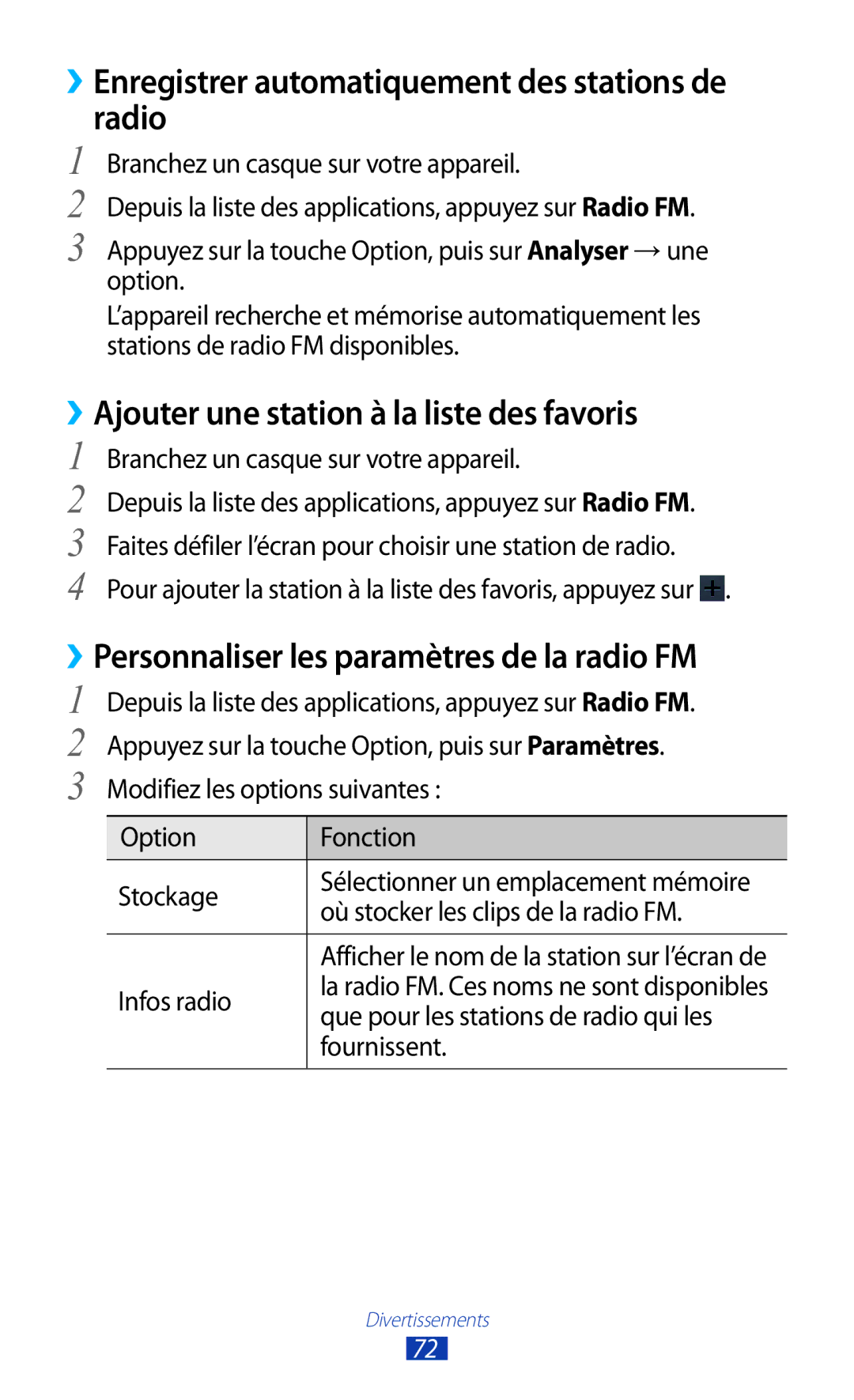 Samsung GT-S5301ZKAVVT ››Enregistrer automatiquement des stations de radio, ››Ajouter une station à la liste des favoris 