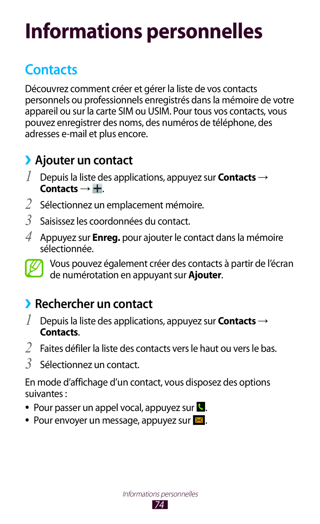 Samsung GT-S5301ZKAVVT, GT-S5301ZWAVVT manual Contacts, ››Ajouter un contact, ››Rechercher un contact 