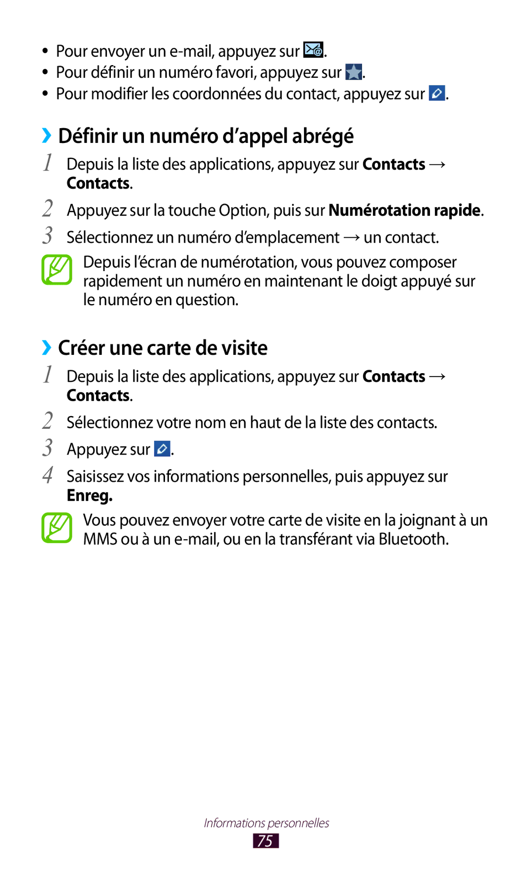 Samsung GT-S5301ZWAVVT, GT-S5301ZKAVVT ››Définir un numéro d’appel abrégé, ››Créer une carte de visite, Contacts, Enreg 