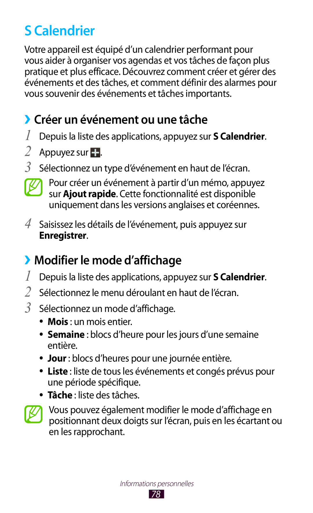 Samsung GT-S5301ZKAVVT manual Calendrier, ››Créer un événement ou une tâche, ››Modifier le mode d’affichage, Enregistrer 