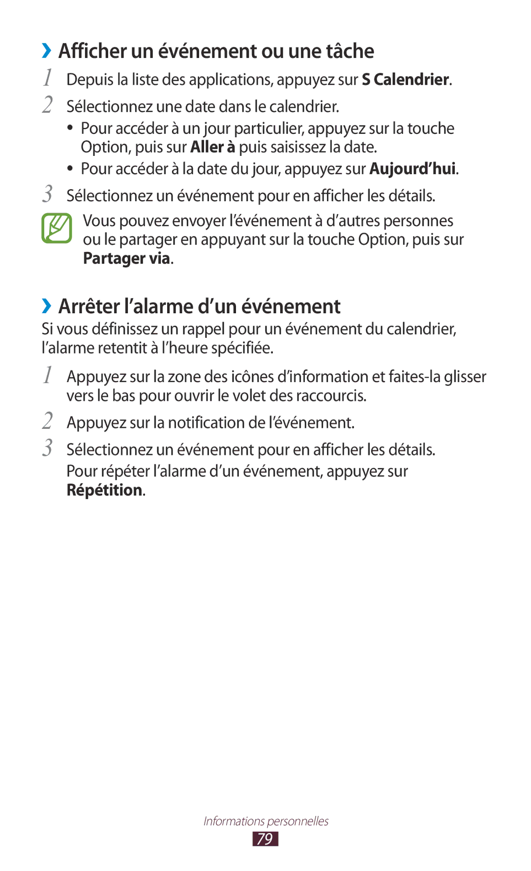 Samsung GT-S5301ZWAVVT, GT-S5301ZKAVVT manual ››Afficher un événement ou une tâche, ››Arrêter l’alarme d’un événement 