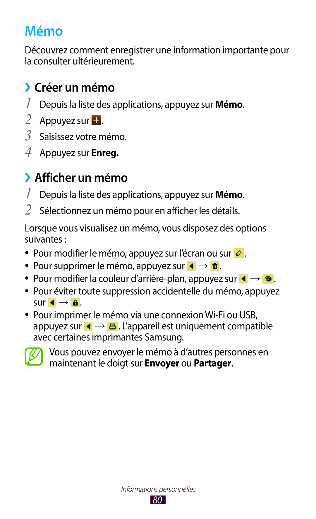 Samsung GT-S5301ZKAVVT, GT-S5301ZWAVVT manual Mémo, ››Créer un mémo, ››Afficher un mémo 