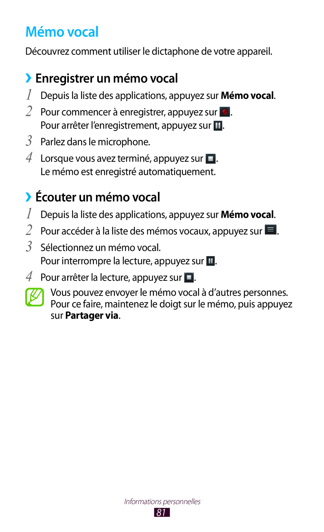 Samsung GT-S5301ZWAVVT, GT-S5301ZKAVVT manual Mémo vocal, Enregistrer un mémo vocal, Écouter un mémo vocal 