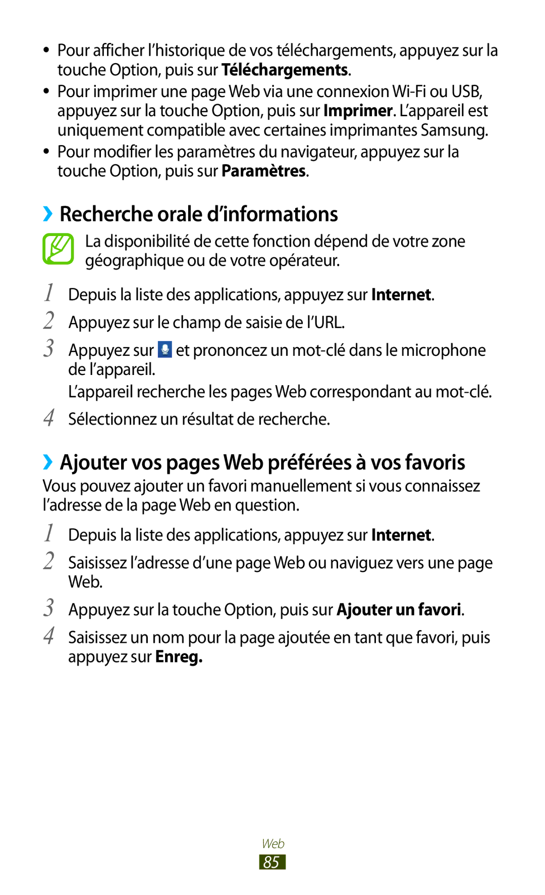 Samsung GT-S5301ZWAVVT, GT-S5301ZKAVVT ››Recherche orale d’informations, ››Ajouter vos pages Web préférées à vos favoris 