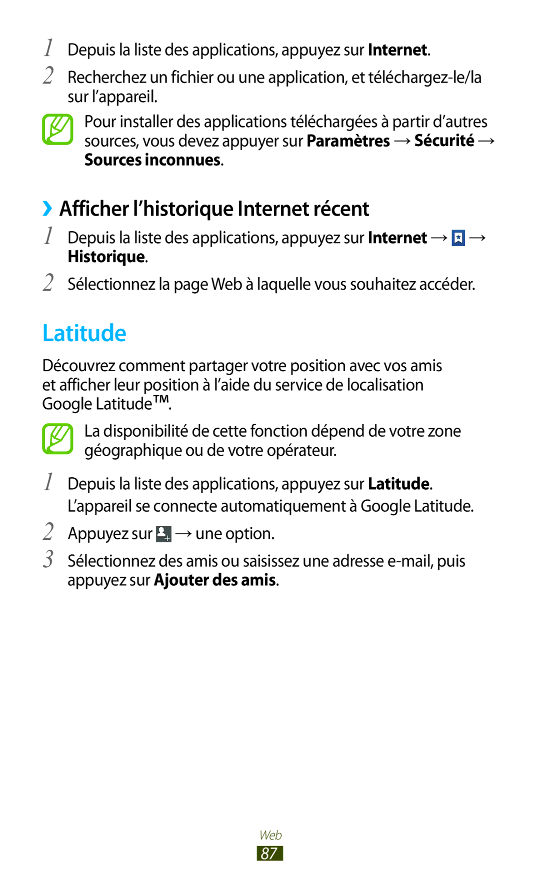 Samsung GT-S5301ZWAVVT manual Latitude, ››Afficher l’historique Internet récent, Historique, Appuyez sur Ajouter des amis 