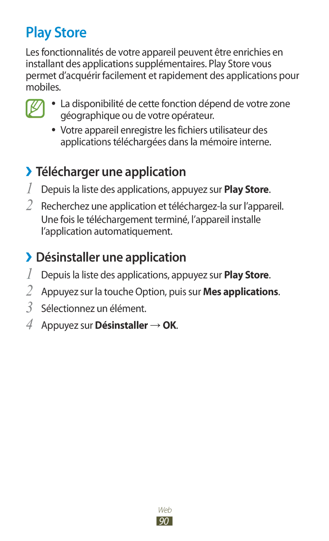 Samsung GT-S5301ZKAVVT, GT-S5301ZWAVVT manual Play Store, ››Télécharger une application 