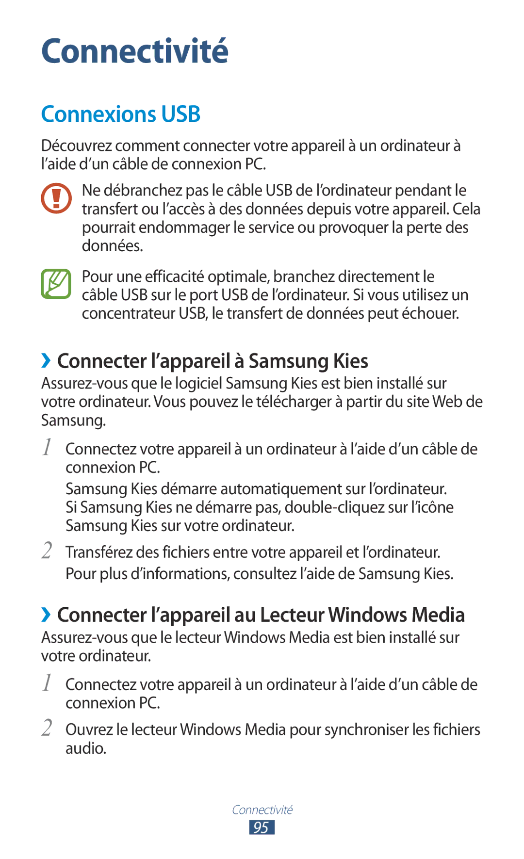 Samsung GT-S5301ZWAVVT, GT-S5301ZKAVVT manual Connexions USB, ››Connecter l’appareil à Samsung Kies 