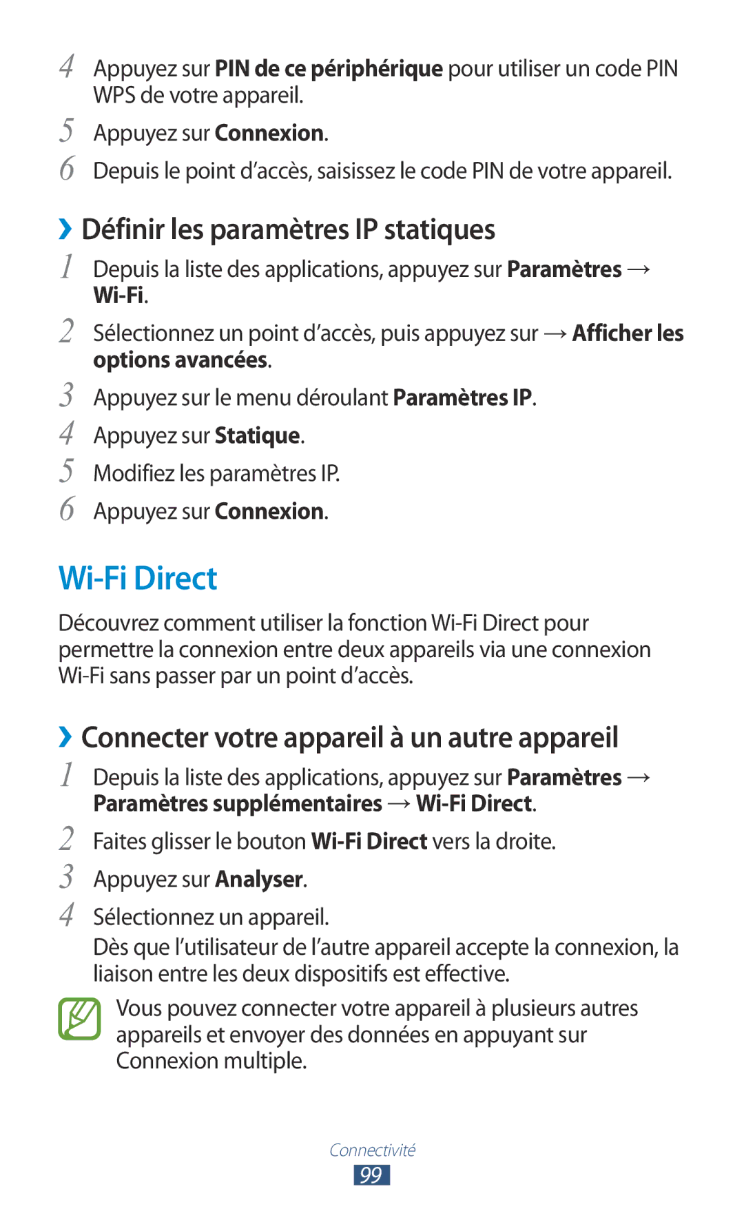 Samsung GT-S5301ZWAVVT Wi-Fi Direct, ››Définir les paramètres IP statiques, ››Connecter votre appareil à un autre appareil 