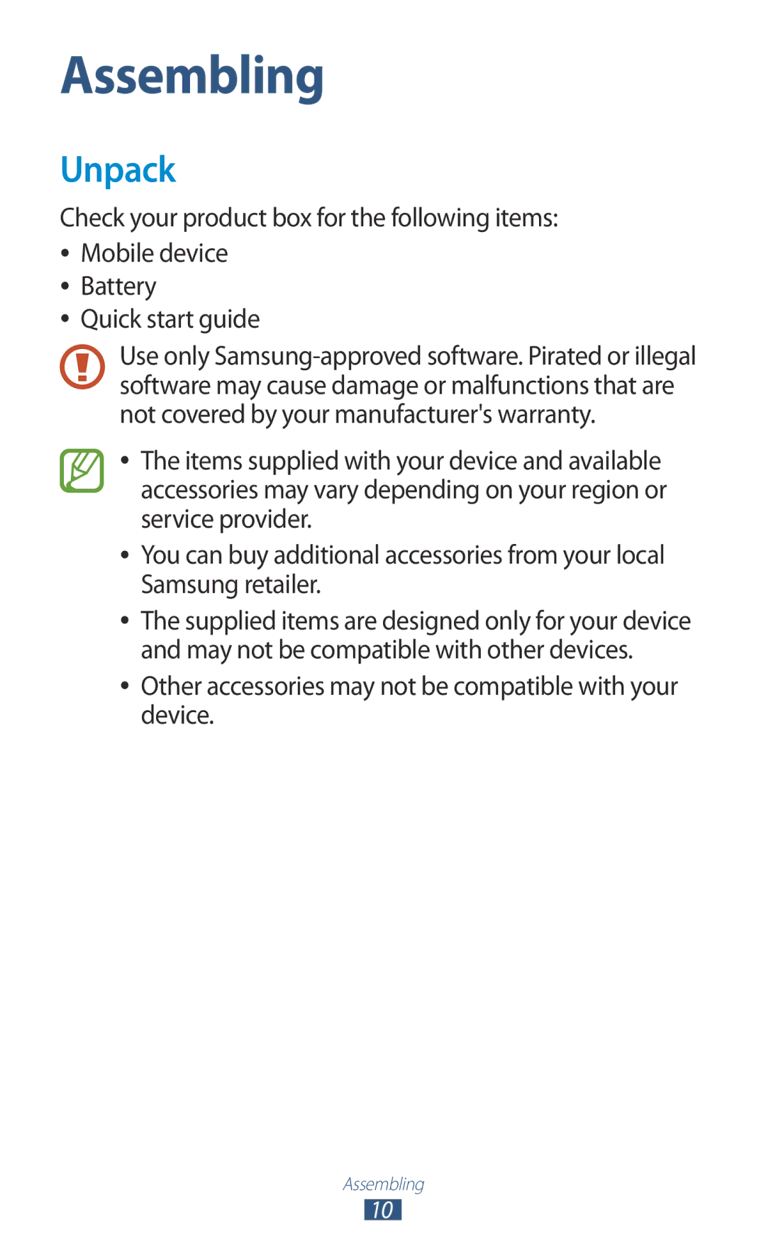 Samsung GT-S5301ZWATUR, GT-S5301ZKAWIN, GT-S5301ZKATPH Unpack, Other accessories may not be compatible with your device 