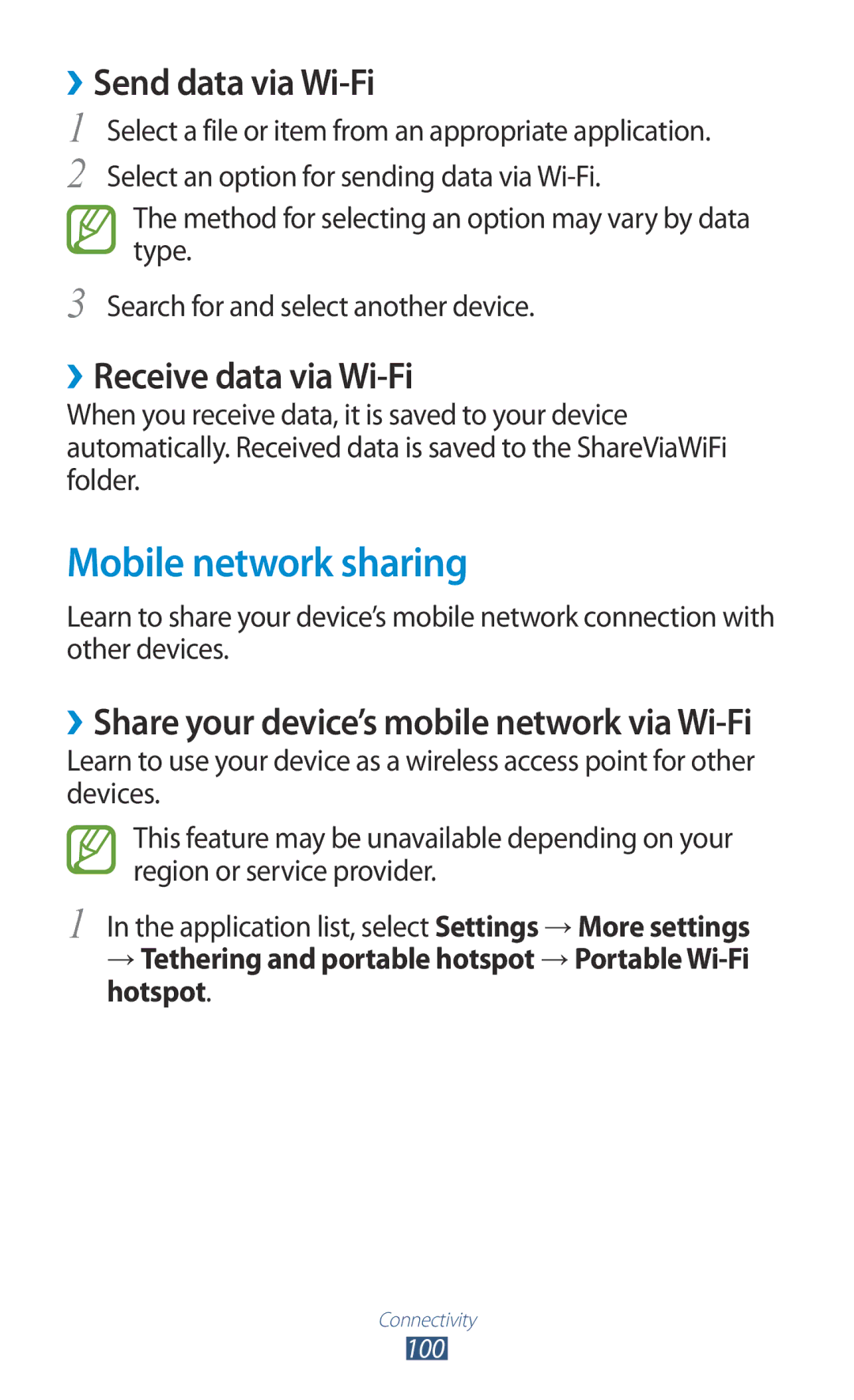 Samsung GT-S5301ZKAOMN, GT-S5301ZKAWIN manual Mobile network sharing, ››Send data via Wi-Fi, ››Receive data via Wi-Fi 