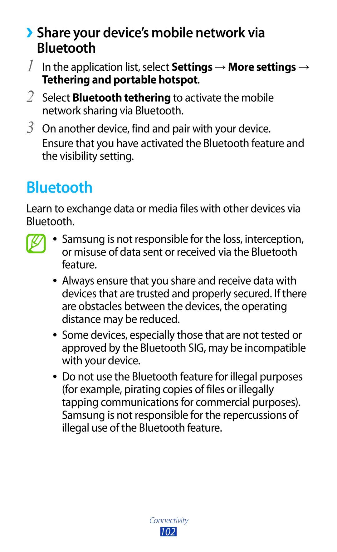 Samsung GT-S5301ZKAJED, GT-S5301ZKAWIN, GT-S5301ZKATPH manual ››Share your device’s mobile network via Bluetooth 