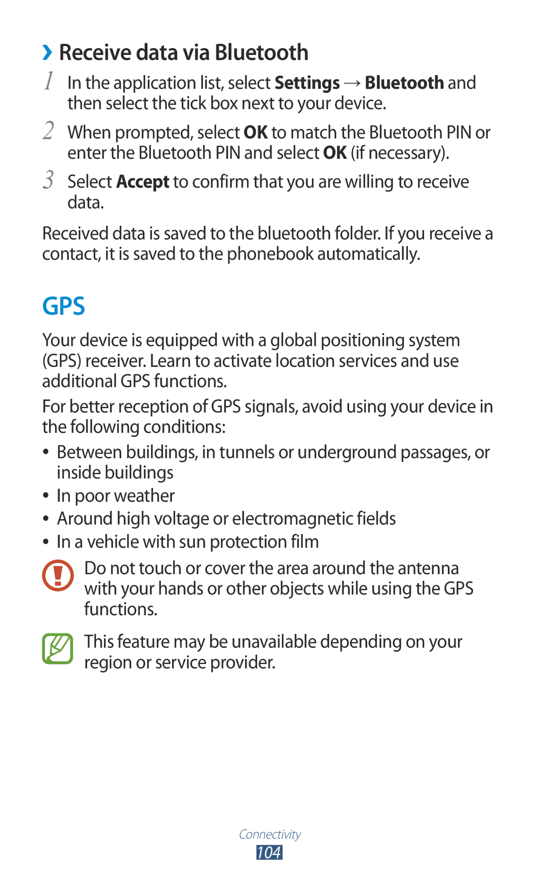 Samsung GT-S5301ZWAJED, GT-S5301ZKAWIN, GT-S5301ZKATPH, GT-S5301ZKADBT, GT-S5301ZKATUR manual Gps, ››Receive data via Bluetooth 