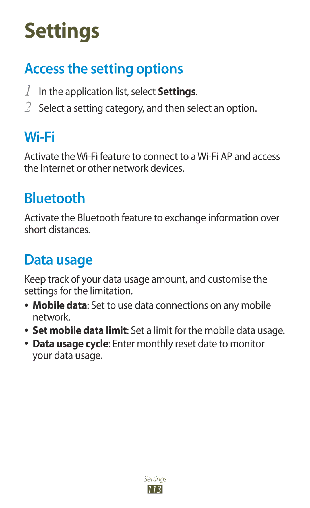 Samsung GT-S5301ZKAORX, GT-S5301ZKAWIN, GT-S5301ZKATPH, GT-S5301ZKADBT, GT-S5301ZKATUR Access the setting options, Data usage 