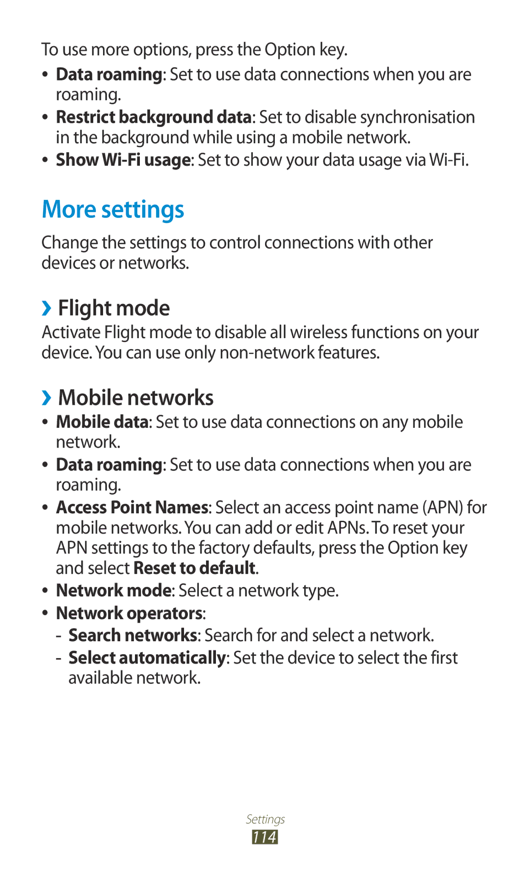 Samsung GT-S5301ZKAATO, GT-S5301ZKAWIN, GT-S5301ZKATPH, GT-S5301ZKADBT manual More settings, ››Flight mode, ››Mobile networks 