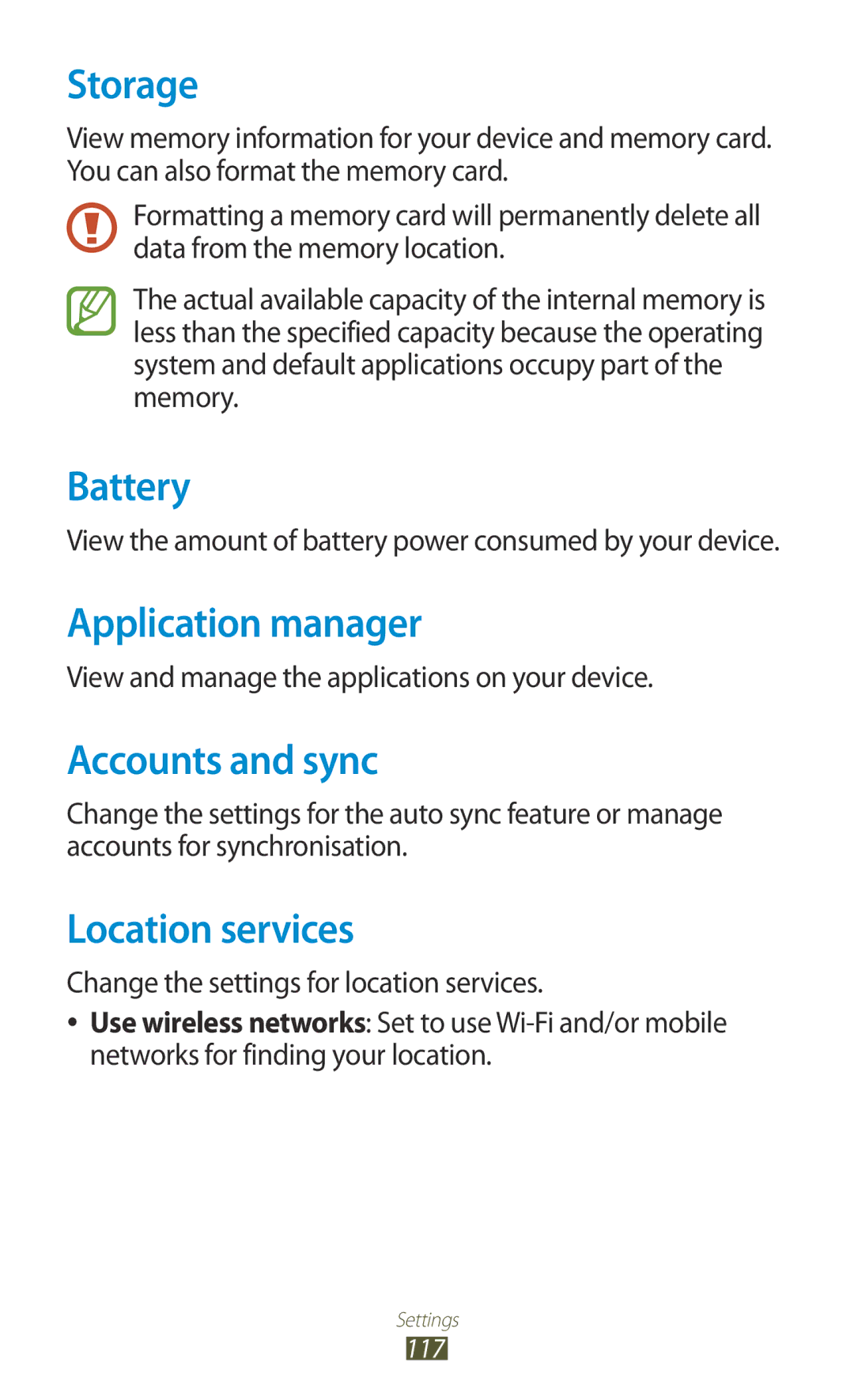 Samsung GT-S5301ZKANEE, GT-S5301ZKAWIN manual Storage, Battery, Application manager, Accounts and sync, Location services 