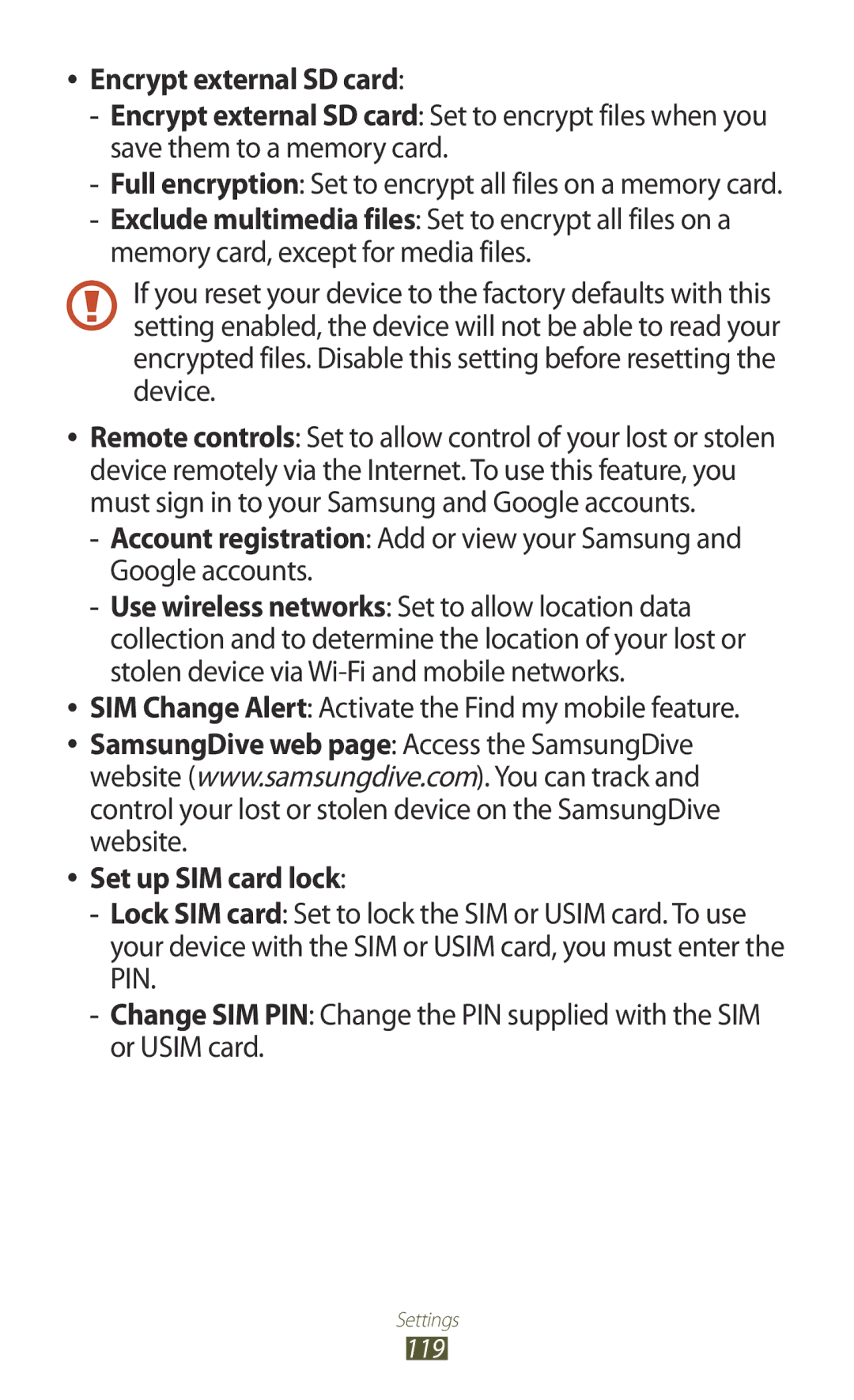 Samsung GT-S5301ZOANEE, GT-S5301ZKAWIN manual Encrypt external SD card, SIM Change Alert Activate the Find my mobile feature 